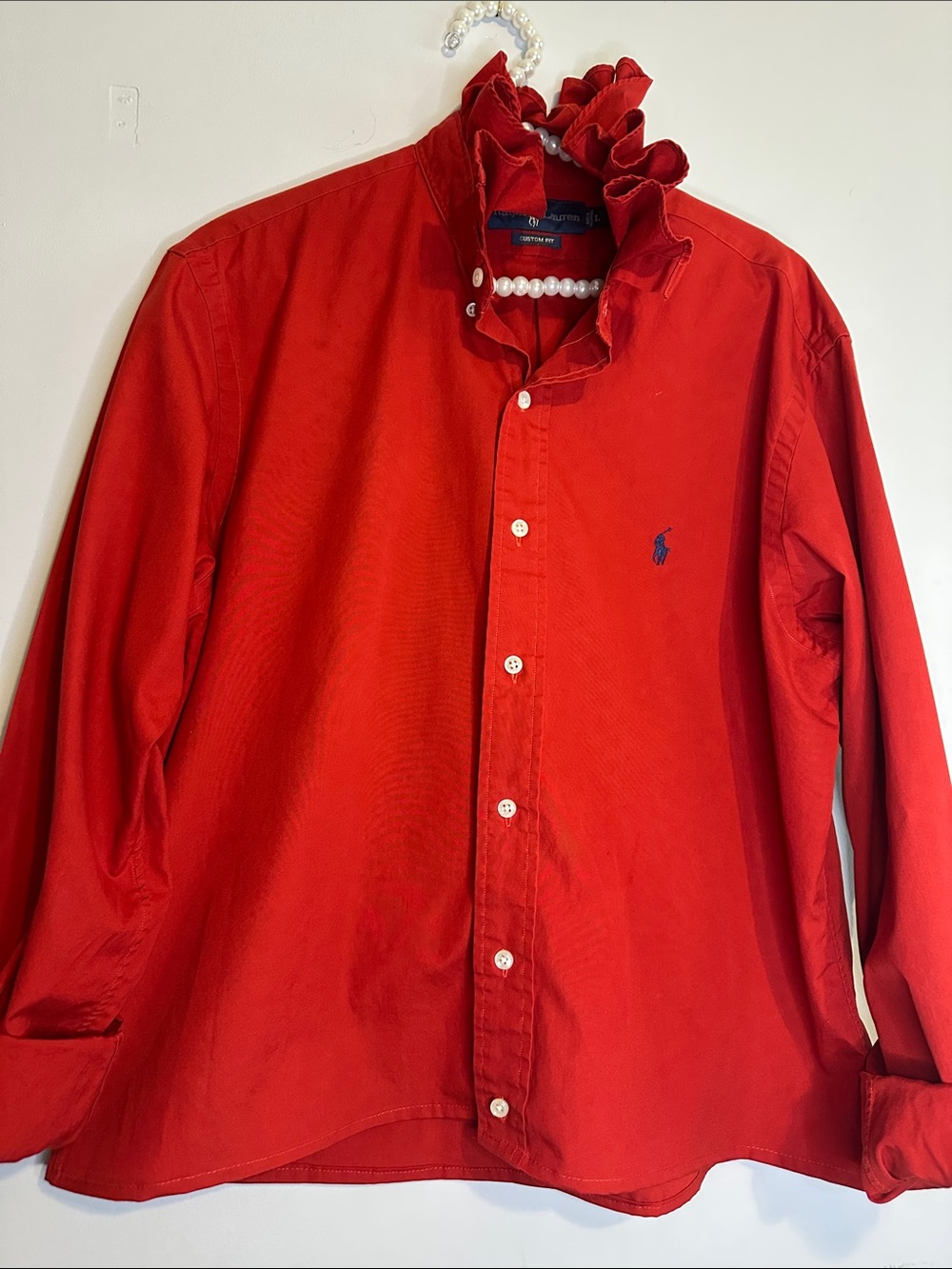 Ralph Lauren Men's Red Button-Down Ruffled collar Shirt with Navy Pony
